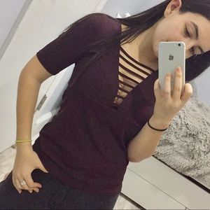 Short sleeve criss cross ribbed purple top nwot